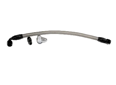 G&R Diesel 6.0 T4 Turbo oil feed line showing metal fittings and flexible hose for diesel engine turbocharger connection