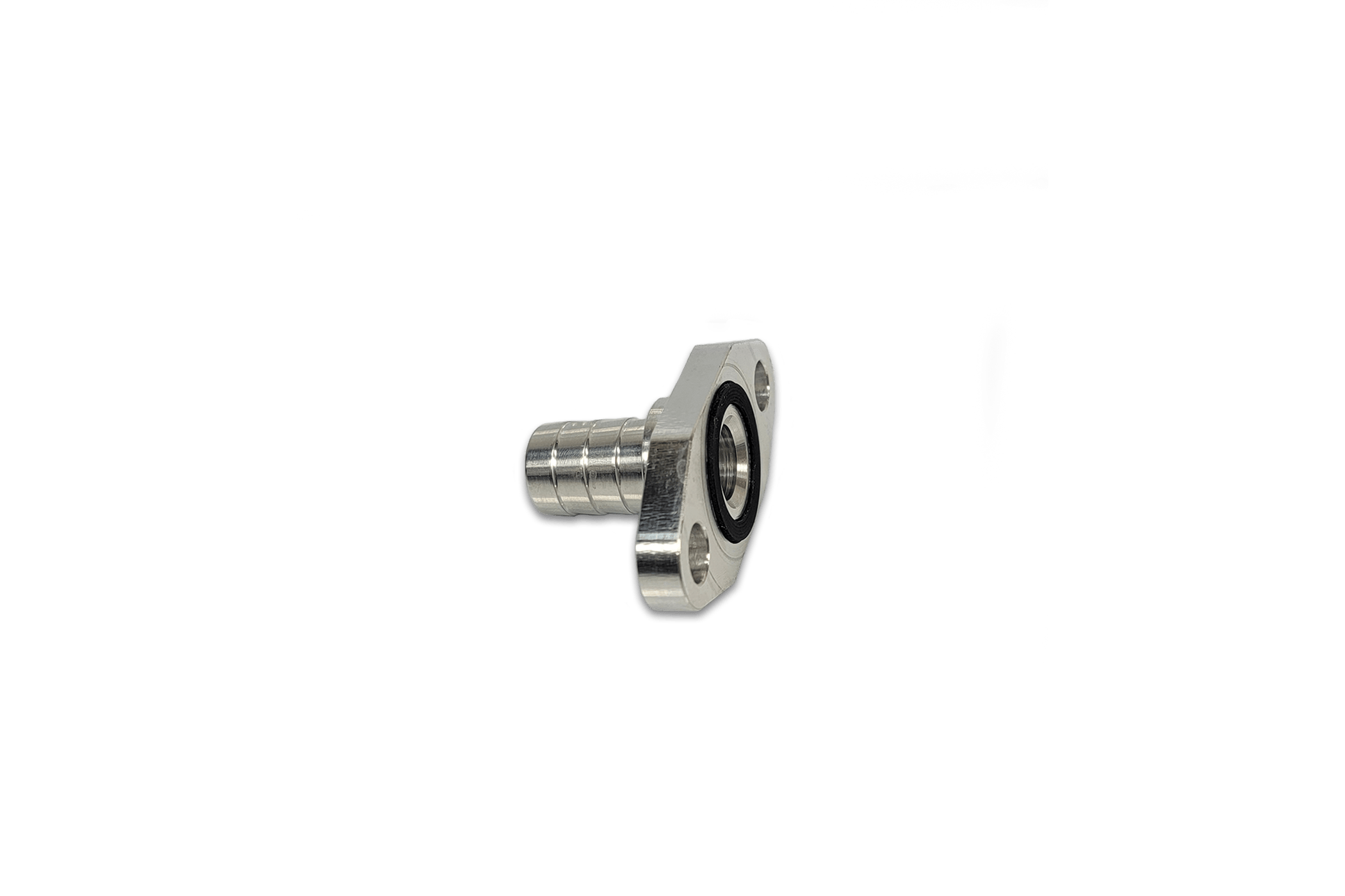3/4 Turbo Drain Flange from G&R Diesel Inc. shown in metallic finish with bolt holes for secure attachment.