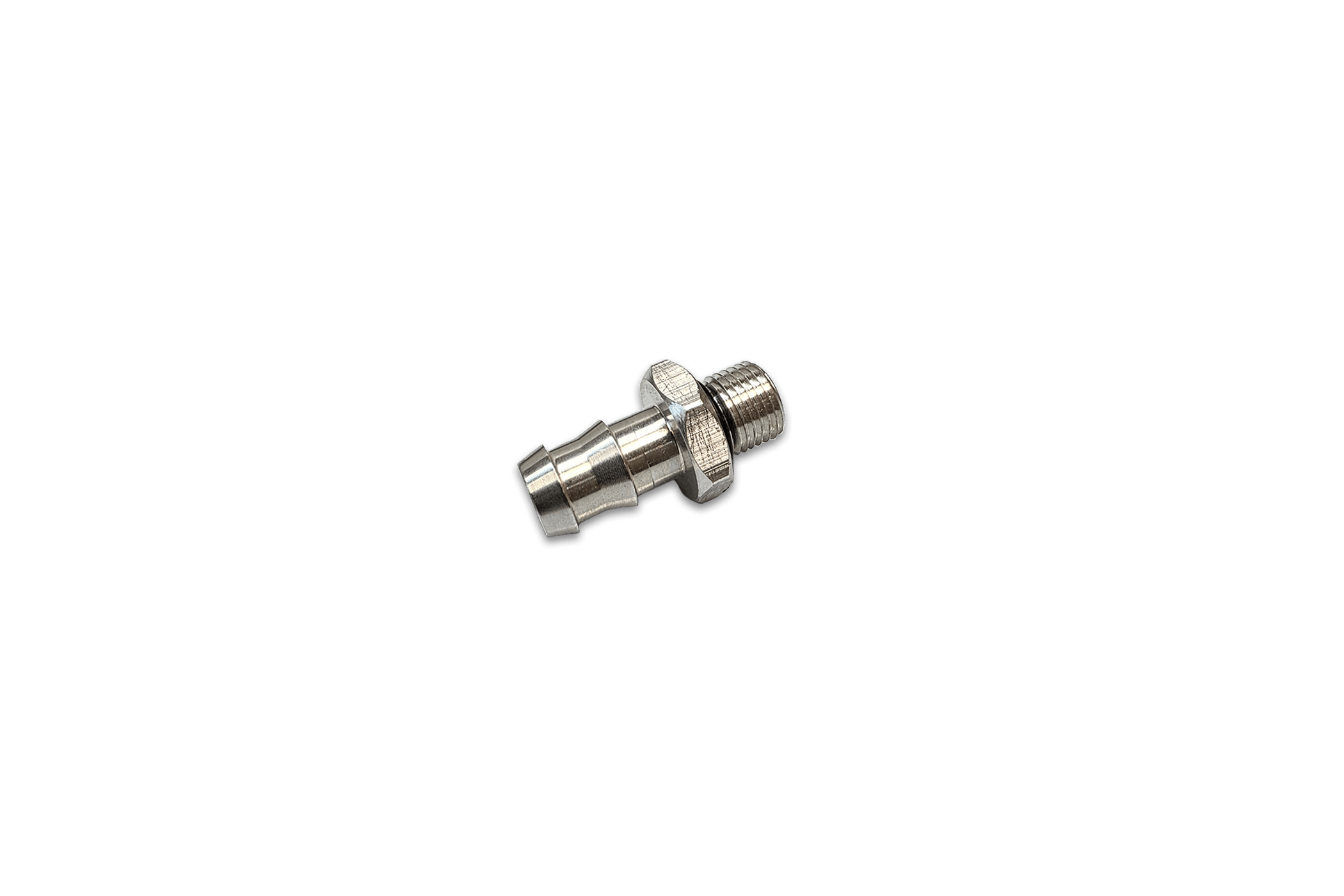 G&R Diesel Inc. 6AN ORB to 1/2 inch hose barb fitting, metal connector with threaded ORB end and barbed hose connection.
