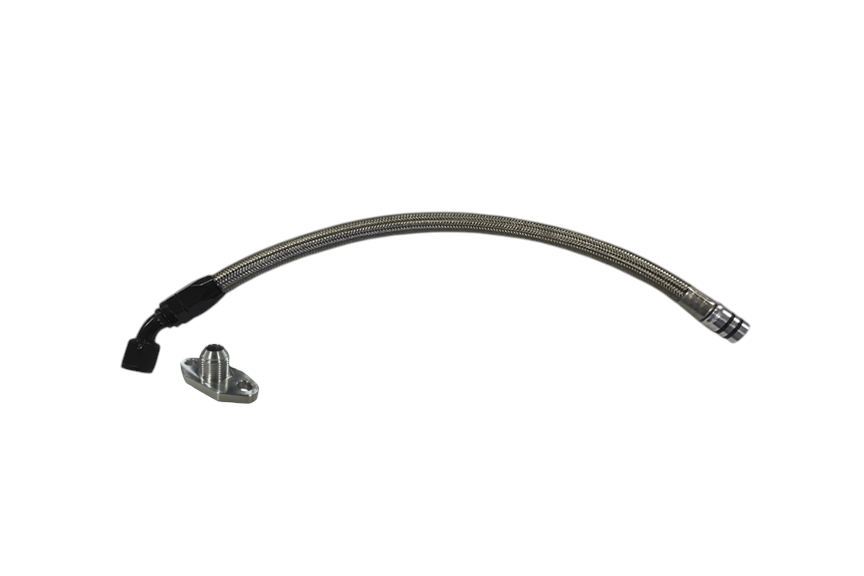 G&R Diesel Cummins S300-S400 turbo oil drain fitting in black with metal clamp and hose connection for diesel engine turbocharger.