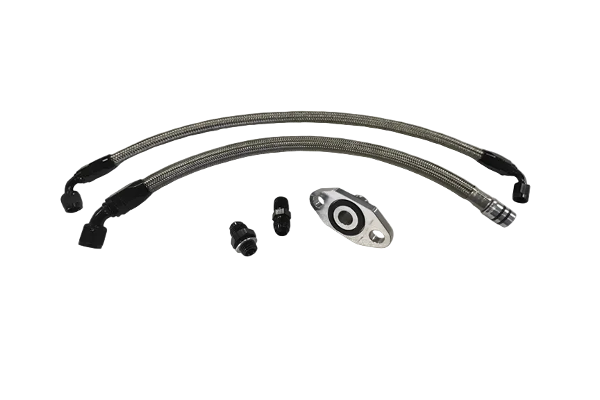 G&R Diesel S300-S400 Cummins turbo oil line kit with metal fittings and hoses for diesel engine turbocharger installation.