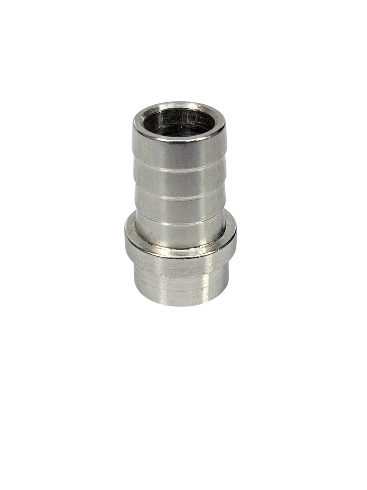 Aluminum weld in 3/4-inch hose barb fitting from G&R Diesel, showing the polished metal with threaded end for hose connection.